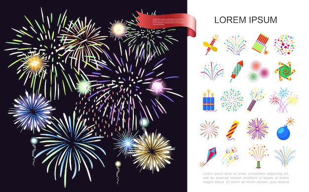 Célébration de vacances avec feux d'artifice festifs réalistes colorés et illustration de jeu pyrotechnique
