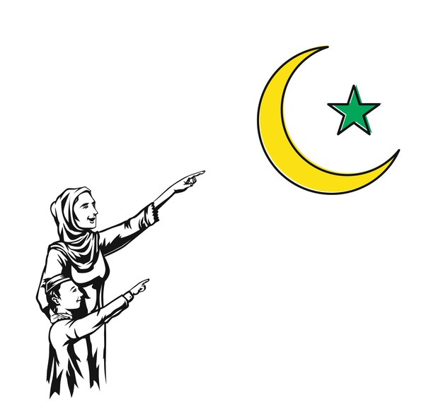 Célébrations de l'Aïd Moubarak mère et fils islamique pointant son doigt lune pour le Festival de la communauté musulmane