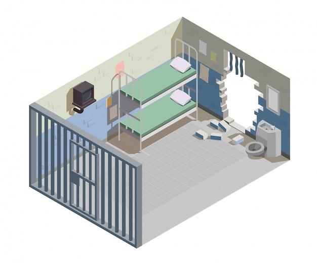 Cellule de prison vide pour deux détenus avec mur cassé et échappés criminels emprisonnés illustration composition isométrique