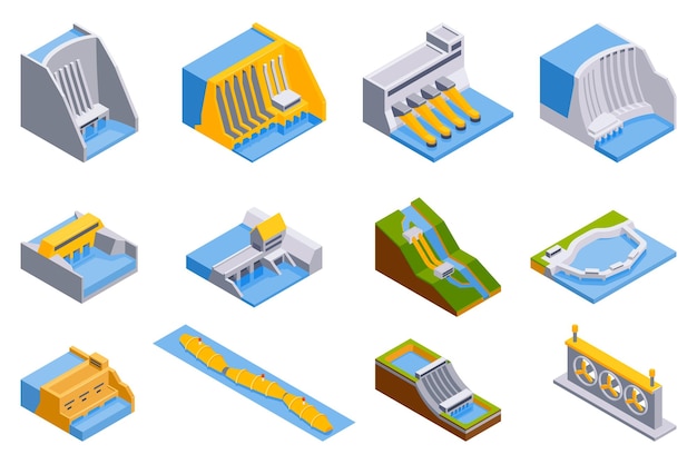 Vecteur gratuit centrale hydroélectrique isométrique ensemble d'icônes isolées avec divers bâtiments d'usines industrielles sur illustration vectorielle fond blanc