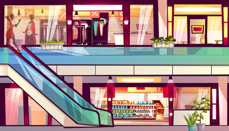 Vecteur gratuit centre commercial avec illustration de magasins et cafés. escalier d&#39;escalier avec supermarché