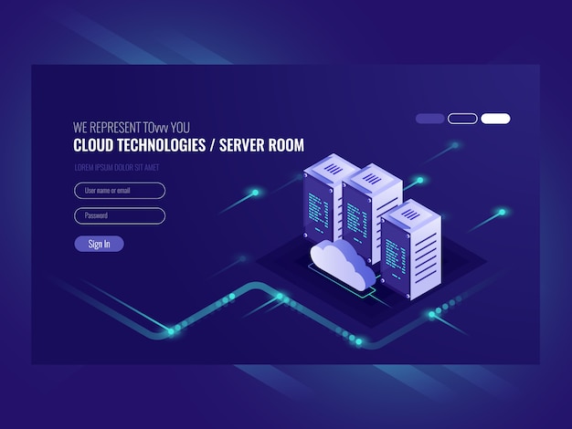 Centre de données cloud, icône de la salle des serveurs, traitement des demandes d&#39;informations