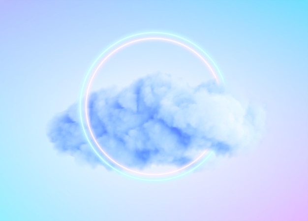 Cercle de néon lumineux avec nuage bleu
