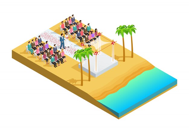 Cérémonie de mariage sur une composition isométrique au bord de la plage