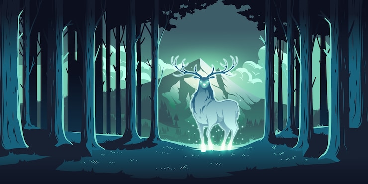 Vecteur gratuit cerf magique dans la forêt de nuit, cerf mystique aux yeux et corps brillants, âme de la nature, protecteur de bois, animal totémique aux arbres et paysage de montagne, renne majestueux, illustration de dessin animé