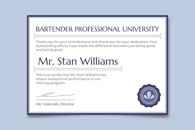 Vecteur gratuit certificat de barman professionnel stan williams