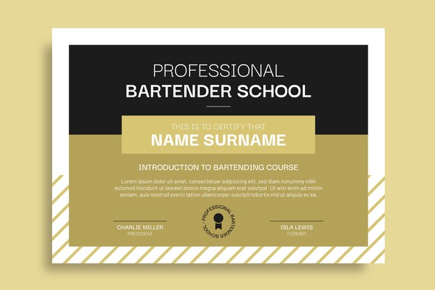 Vecteur gratuit certificat d'école de barman moderne