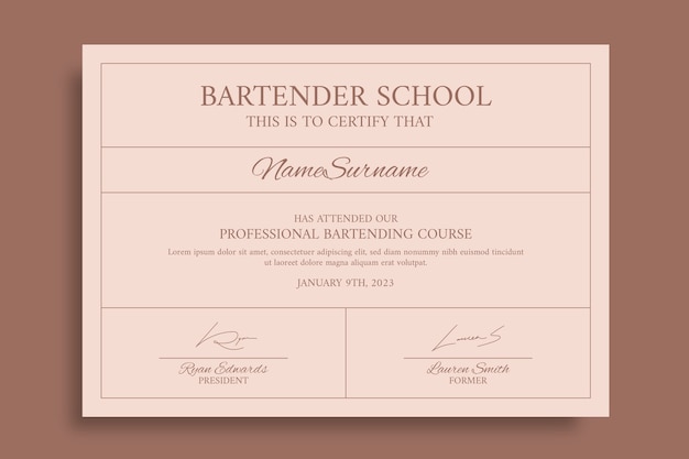 Certificat D'école De Cocktails De Barman Monocolor élégant