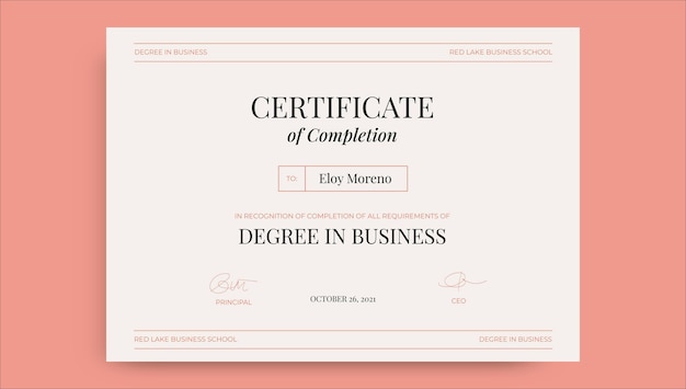 Vecteur gratuit certificat d'études commerciales minimaliste professionnel eloy