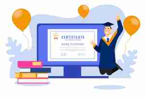 Vecteur gratuit certification en ligne avec des ballons et diplômé