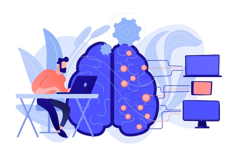 Vecteur gratuit cerveau avec circuit numérique et programmeur avec ordinateur portable. apprentissage automatique, intelligence artificielle, cerveau numérique et concept de processus de pensée artificielle. illustration vectorielle isolée.