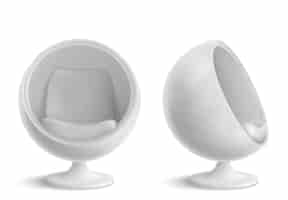 Vecteur gratuit chaise boule, fauteuil rond avant et vue latérale. conception de meubles futuriste pour l'intérieur de la maison ou du bureau, siège en forme d'oeuf confortable isolé sur fond blanc. illustration vectorielle 3d réaliste