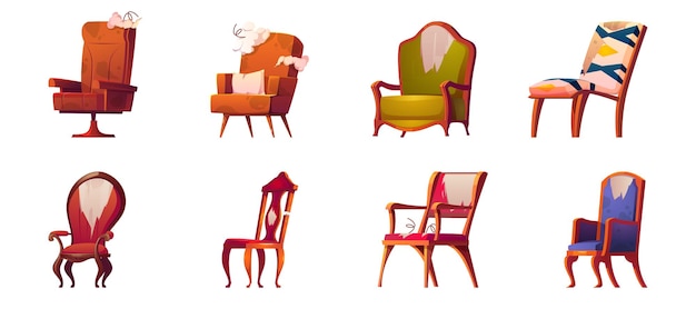 Chaises et fauteuils cassés ensemble isolé de vieux meubles