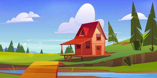 Chalet en bois sur champ vert sur la côte de la rivière bleue
