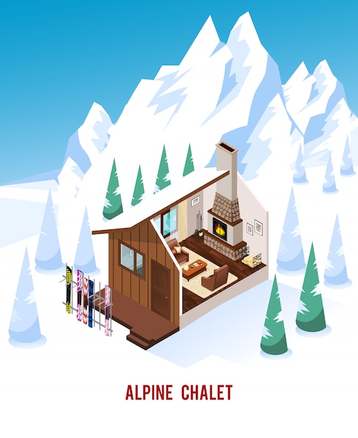 Vecteur gratuit chalet isométrique avec cheminée en montagne