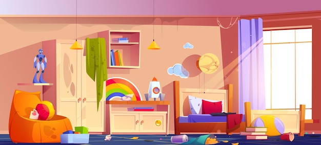 Vecteur gratuit chambre d'adolescents en désordre avec meubles sales illustration de dessin animé vectoriel de chambre en désordre avec toile d'araignée au plafond, restes de malbouffe, gobelets en papier, ordures et jouets éparpillés sur la couverture tachée de sol