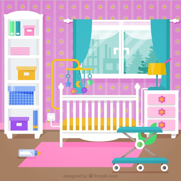 chambre de bébé mignon avec des meubles blancs et mur rose