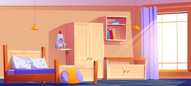 Chambre d'enfants, chambre d'enfant vide à l'intérieur avec lit, oreiller sur tapis, placard, jouet fusée et livres sur étagères, meubles en bois et large fenêtre à rideaux, endroit confortable Illustration vectorielle de dessin animé
