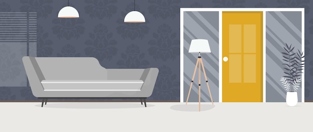 Une chambre moderne avec un canapé, une lampe et une plante d'intérieur. style de dessin animé. illustration vectorielle.