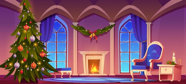 Chambre la nuit de Noël, intérieur de maison vide avec cheminée allumée, sapin décoré avec jouets et guirlandes lumineuses, mobilier classique et grandes fenêtres cintrées, illustration vectorielle de Noël