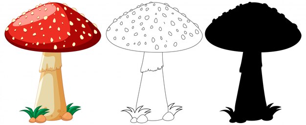 Champignon Rouge En Couleur Et Contour Et Silhouette En Personnage De Dessin Anime Sur Fond Blanc Vecteur Gratuite