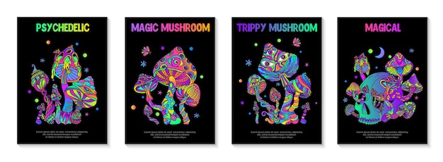 Vecteur gratuit champignon trippy ensemble de quatre affiches verticales avec texte de couleur dégradée et compositions d'œuvres d'art de dessin psychédélique illustration vectorielle