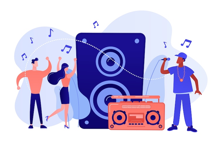Vecteur gratuit chanteur de hip-hop avec microphone au haut-parleur de la musique et de petites personnes dansant au concert. musique hip hop, fête hip hop, concept de cours de musique rap. illustration isolée de bleu corail rose