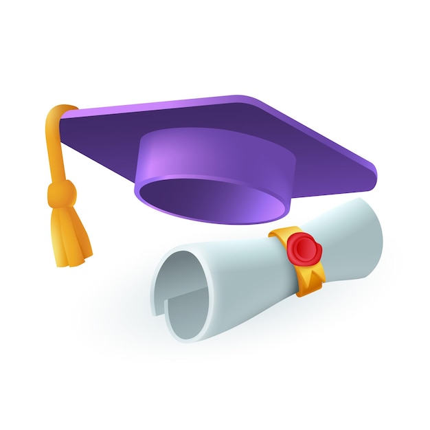 Chapeau de graduation et diplôme avec icône 3D de sceau. Chapeau avec pompon, rouleau de papier avec badge illustration vectorielle 3D sur fond blanc. Éducation, remise des diplômes, concept de réussite