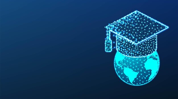 Chapeau de graduation ou panneau de mortier au-dessus du concept d'éducation du globe terrestre Conception abstraite de maillage filaire Low Poly sur fond bleu foncé Illustration vectorielle