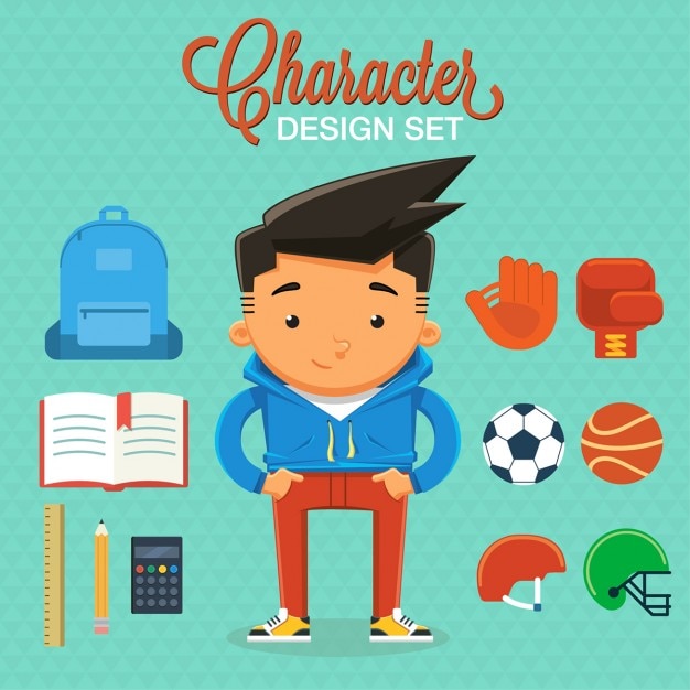 Vecteur gratuit character design boy avec des éléments et accessoires vector illustration