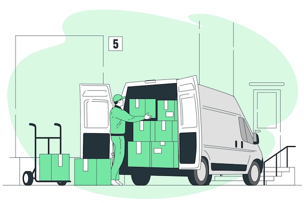 Vecteur gratuit chargement d'une camionnette dans une illustration de concept d'entrepôt
