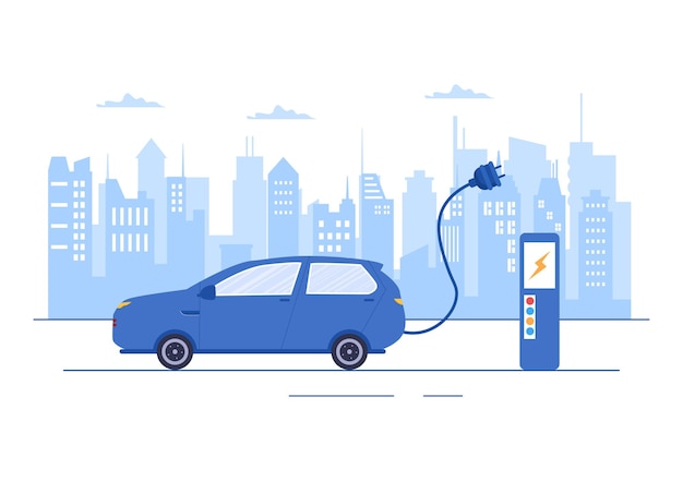 Charger les batteries de voitures électriques avec le concept de chargeur et de prises de câble qui utilisent l'environnement vert, l'écologie, la durabilité ou l'air pur. illustration vectorielle