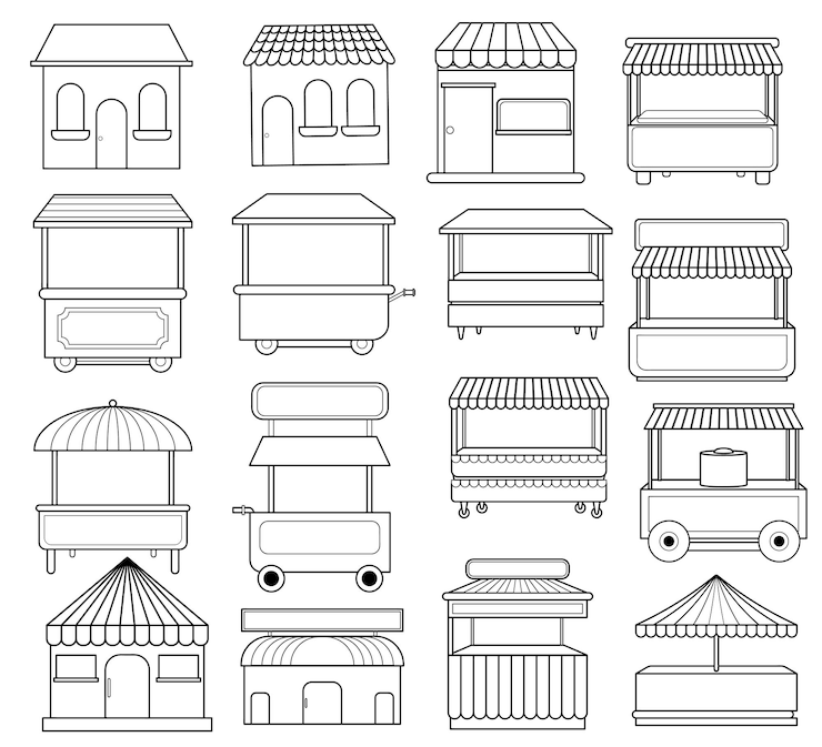 Vecteur gratuit chariot dessiné imprimé dans la collection de design plat chariot de dessin à crayon chariot d'art en ligne