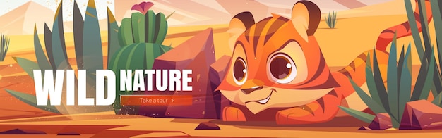 Vecteur gratuit chasse aux oursons de tigre de bannière web de dessin animé de nature sauvage