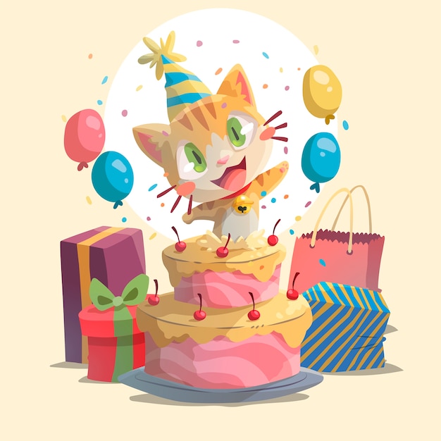Joyeux Anniversaire Femme Et Chats Vecteur Gratuite