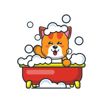 Chat de dessin animé mignon prenant un bain moussant dans la baignoire