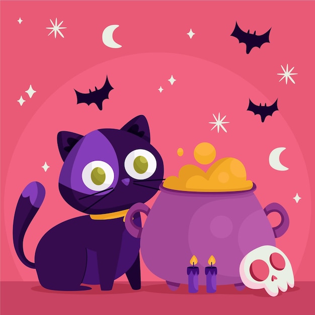 Chat D'halloween Design Plat Avec Chaudron