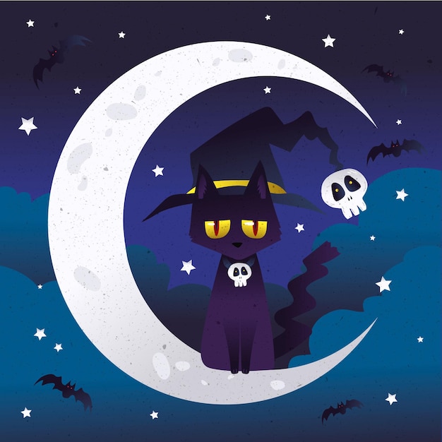 Vecteur gratuit chat d'halloween design plat sur la lune