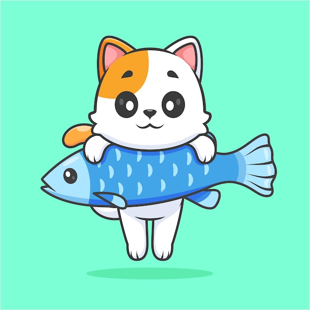 Vecteur gratuit chat mignon accroché sur poisson dessin animé vecteur icône illustration nourriture animale icône concept isolé plat