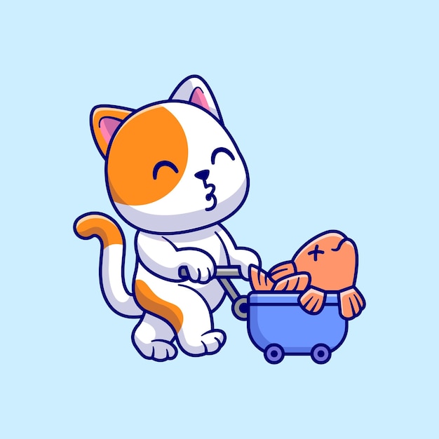 Vecteur gratuit chat mignon apporter du poisson avec illustration d'icône de vecteur de dessin animé de chariot. icône de la nature animale isolée