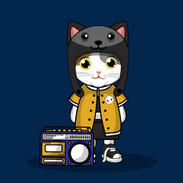 Vecteur gratuit chat mignon assis sur l'illustration d'icône de vecteur de dessin animé radio boombox