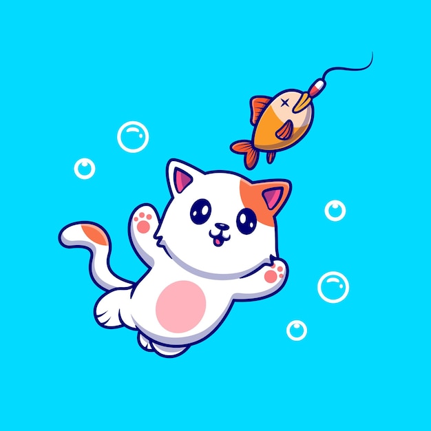 Vecteur gratuit chat mignon attraper une illustration de poisson