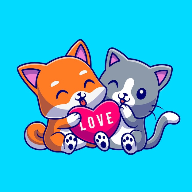 Vecteur gratuit chat mignon et chien tenant l'icône de vecteur de dessin animé de coeur d'amour illustration. concept d'icône de nature animale isolé vecteur premium. style de dessin animé plat