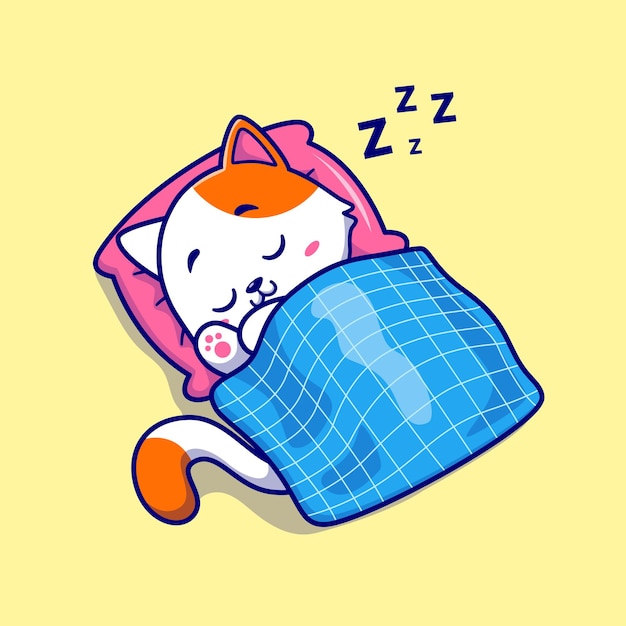 Vecteur gratuit chat mignon dormant avec oreiller et couverture cartoon vector icon illustration. concept d'icône de nature animale isolé vecteur premium. style de dessin animé plat