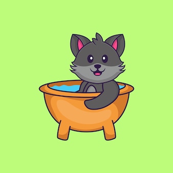 Chat mignon prenant un bain dans la baignoire. concept de dessin animé animal isolé. style de dessin animé plat