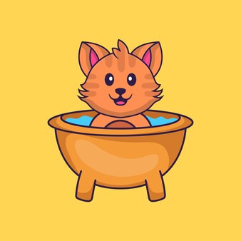 Chat mignon prenant un bain dans la baignoire. concept de dessin animé animal isolé.
