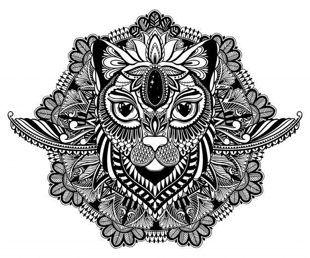 Chat Mystique Et Tatouage De Mandala Vecteur Premium