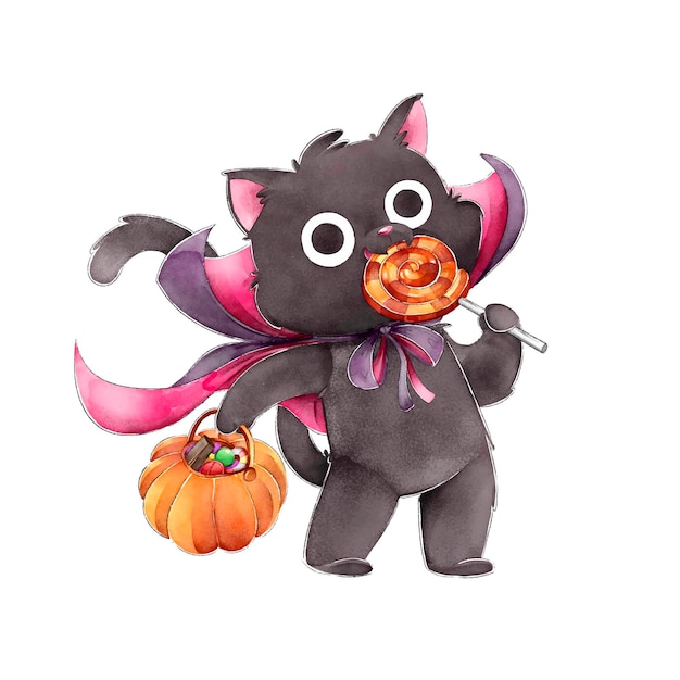 Chat noir manger des bonbons heureux halloween