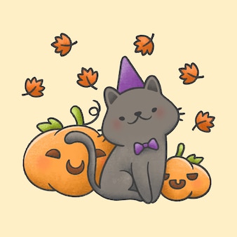Chat Portant Chapeau Et Noeud Papillon Avec Citrouilles Et Feuilles Vecteur Premium Chat Portant Chapeau Et Noeud Papillon Avec Citrouilles Et Feuilles Vecteur Premium