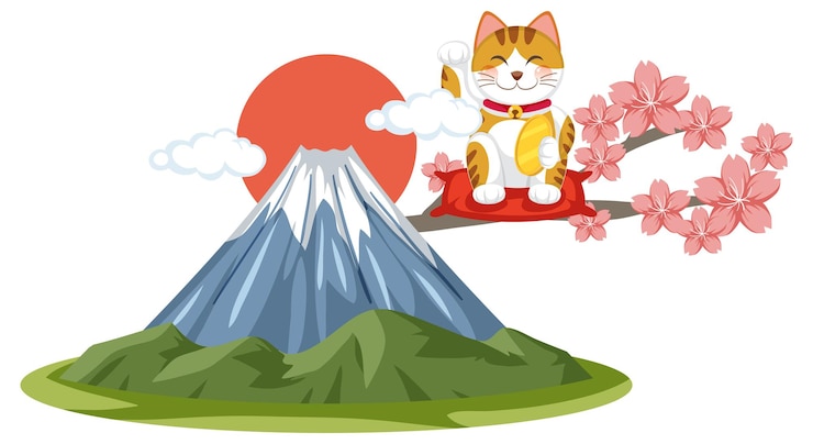 Vecteur gratuit chat porte-bonheur japonais maneki neko avec le mont fuji